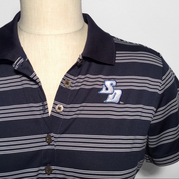 NIKE Navy & White Stripped Fitted Dry-Fit Polo - Picture 2 of 6